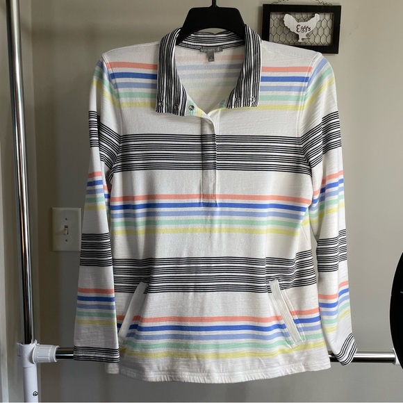 T by Talbots Striped Long Sleeve Kangaroo Pocket Knit Top - Picture 1 of 4